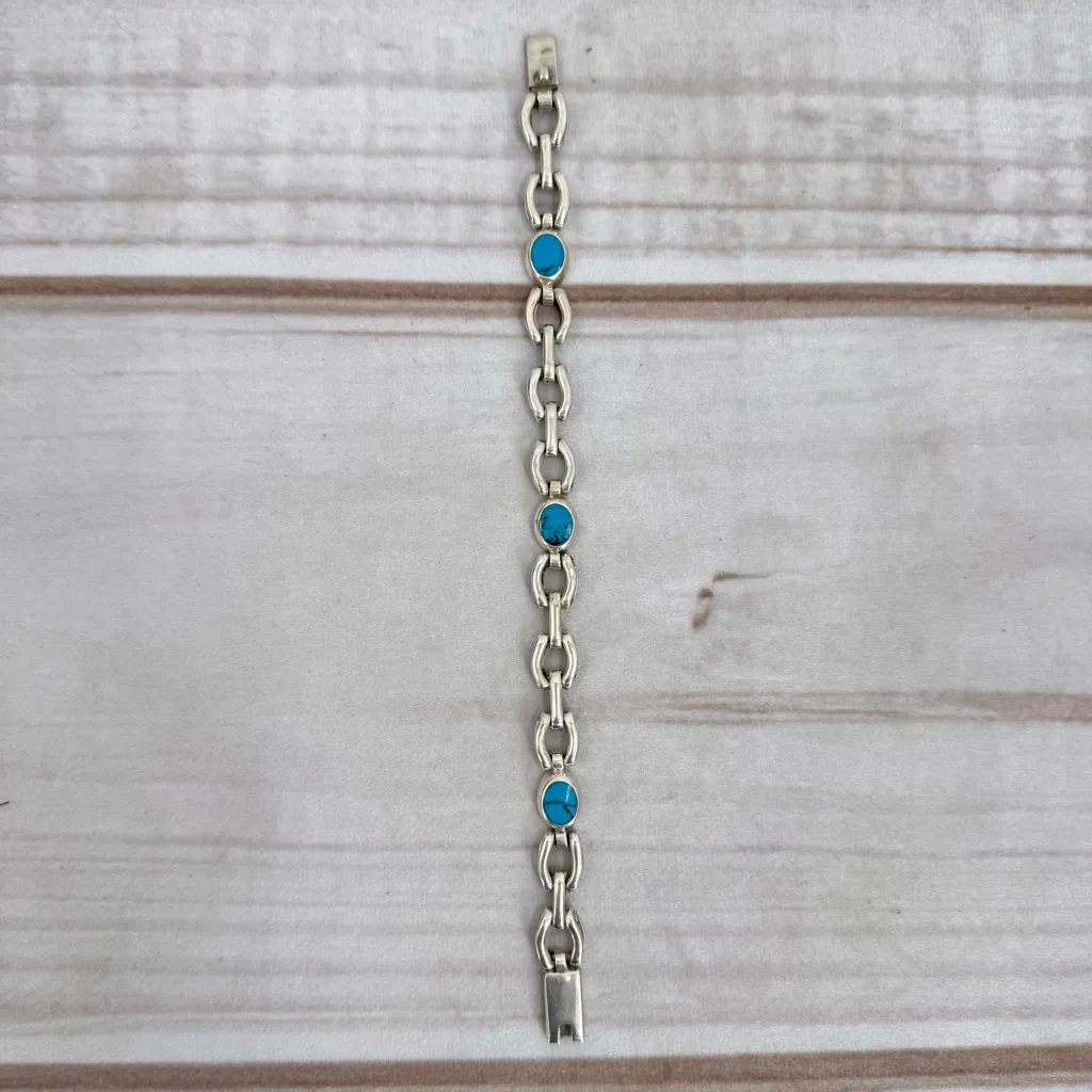 Vintage Sterling Silver Turquoise Link Bracelet Stamped 925 Mexico Southwestern - Image 9