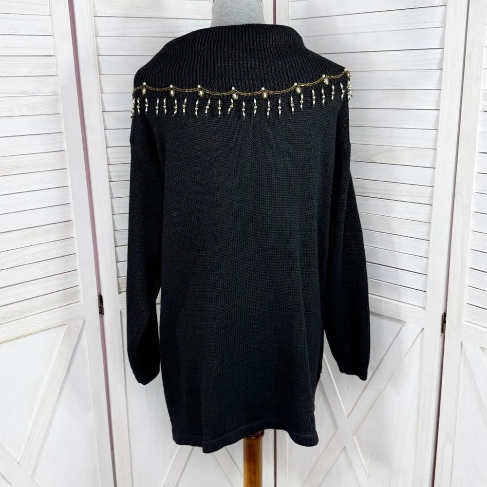 Vintage Victoria Jones 90s Floral Beaded Cowl‎ Neck Tunic Sweater Black Medium - Image 4
