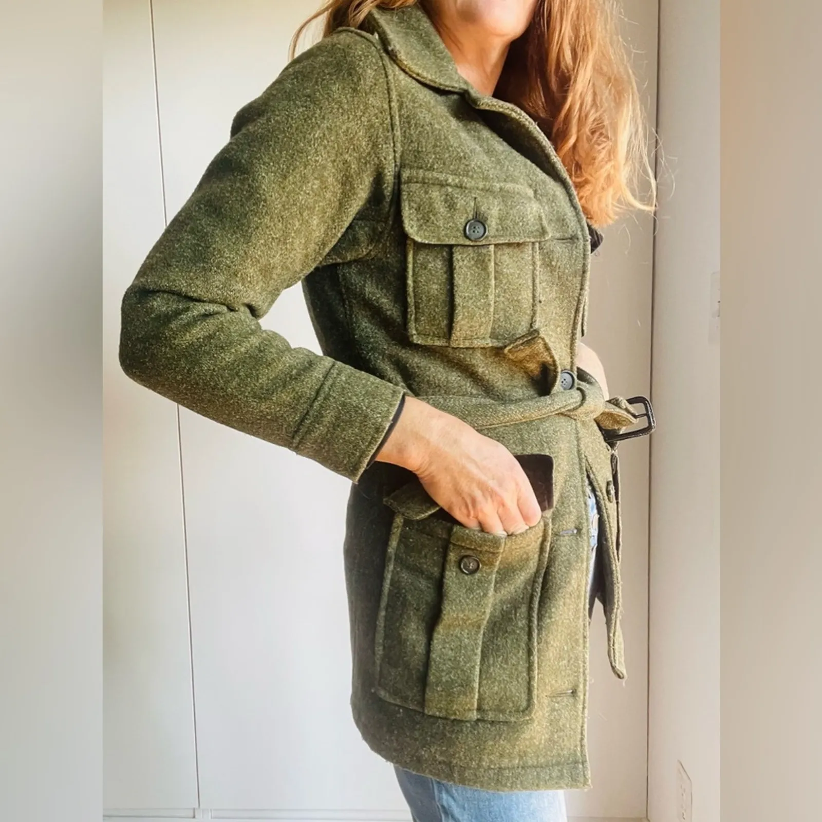 Vintage Wool Military Style Womens Olive Green Coat SZ XS Belted Gopcore Utility - Image 5