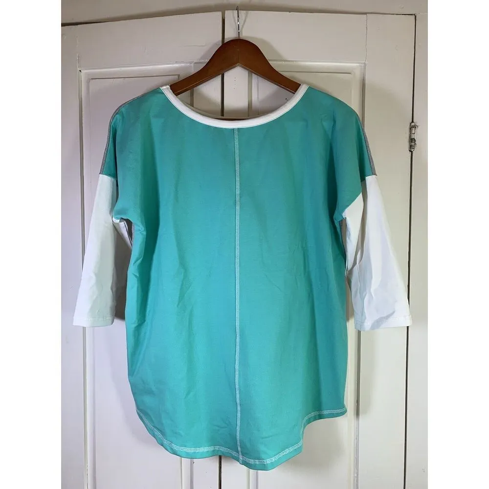 Neon Buddha Shirt‎ Womens Small Turquoise Gray White Color Block Active Top Yoga - Image 3