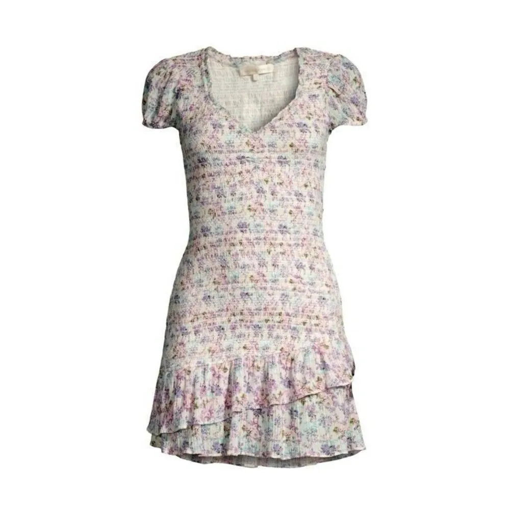 LOVESHACKFANCY Floral Smocked Mini Dress Puff Sleeve Asymmetric Ruffle Coquette - Image 4