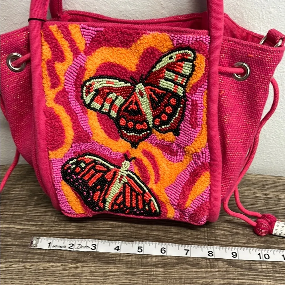 American & Beyond | Pink Butterfly Beaded Tote/Bucket Bag w/Crossbody Strap - Image 14