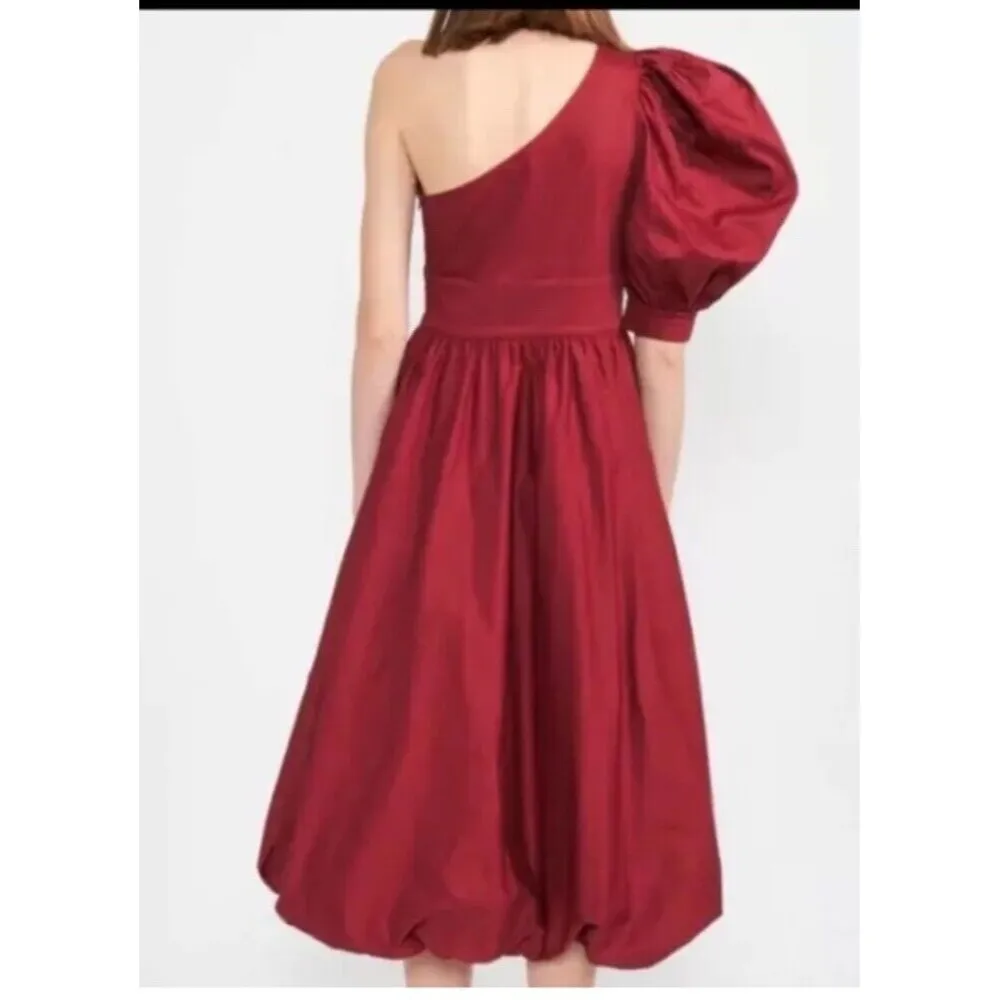 En Saison Cosima Midi Dress Deep Burgundy One Shoulder Puff Sleeve Size Small - Image 2