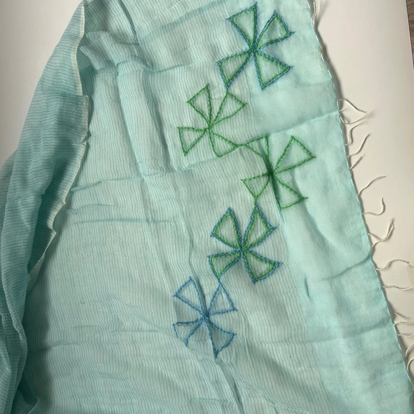 Sammy Hand Made In Ethiopia Light Blue Embroidered Scarf Gauzy Cotton Clovers - Image 4