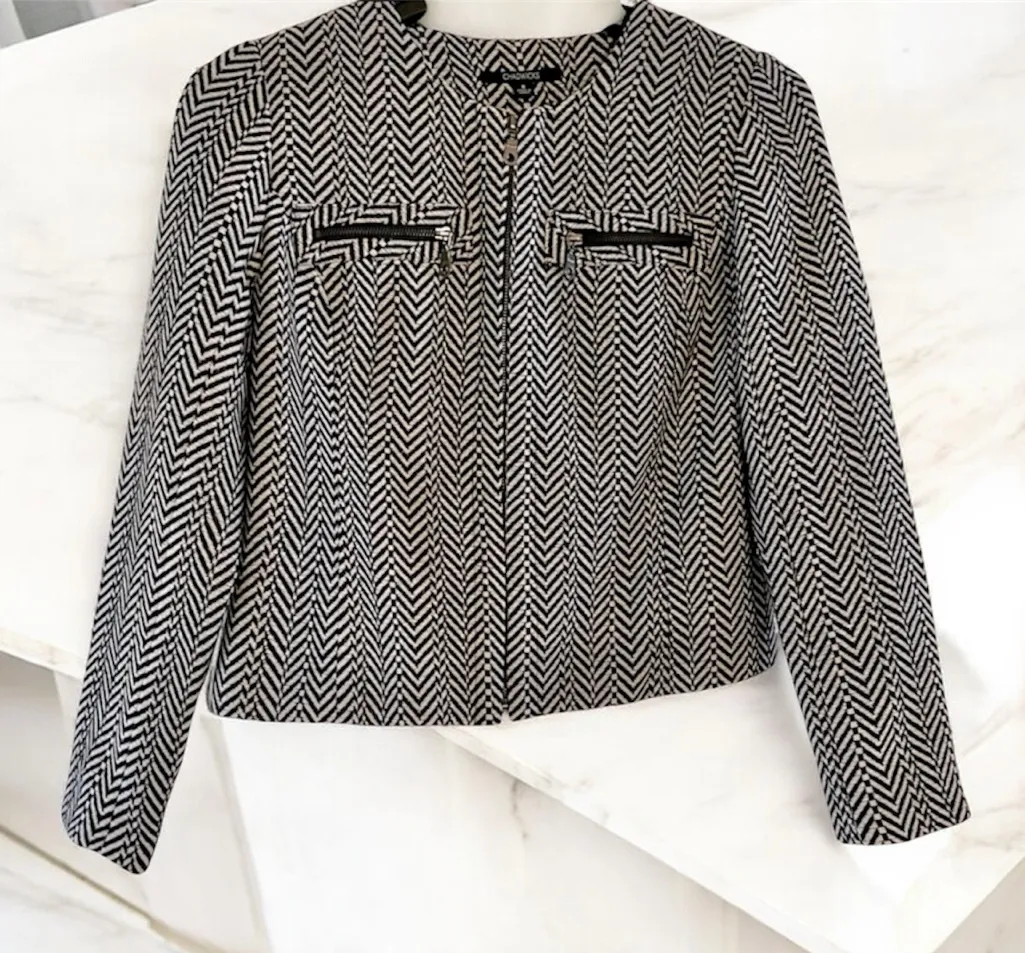 Chadwick's Chadwick’s Chevron Print Blazer Black Gray Fully Lined Jacket Size 8 Acadmia - Image 1