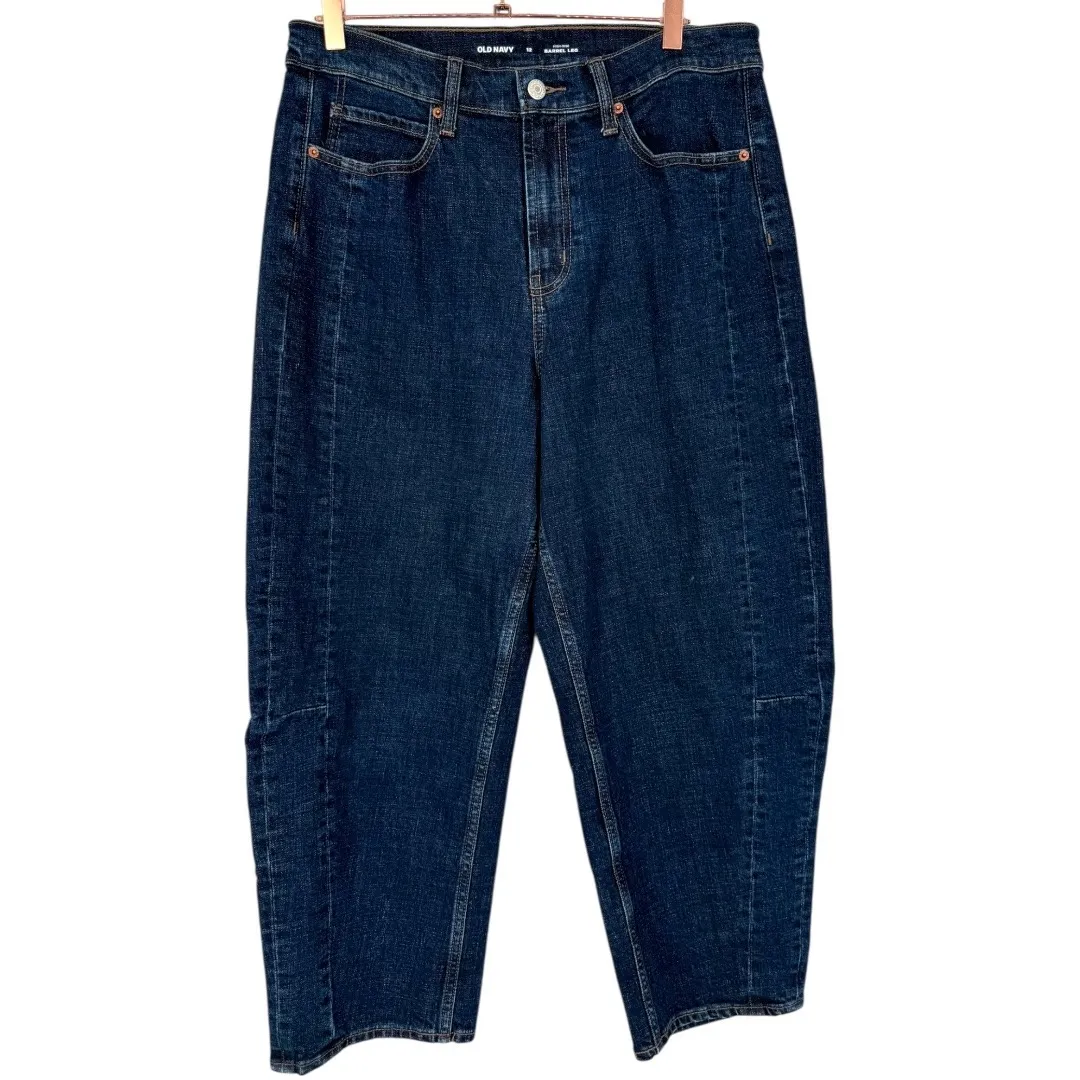 Old Navy Women's High Waisted Barrel Leg Ankle Jeans Dark Wash Denim Size 12 - Image 4