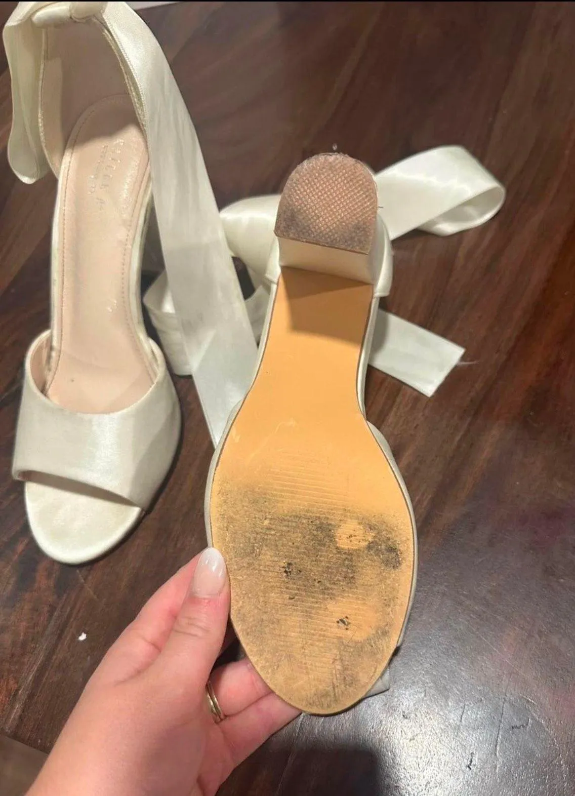 Ivory Satin Block Heel Wedding Sandals with Wrapped Ribbon Tie - Image 3