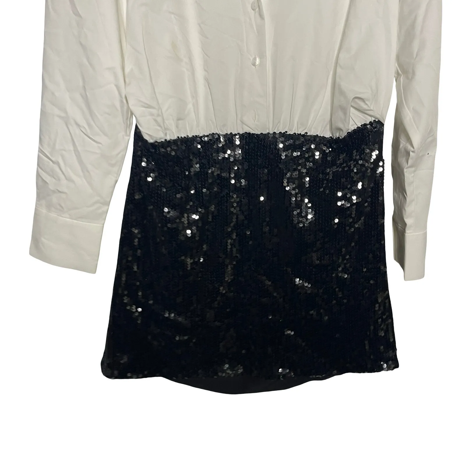 Anthropologie Mare Mare white Button down top black sequin bottom Mini Dress M - Image 7