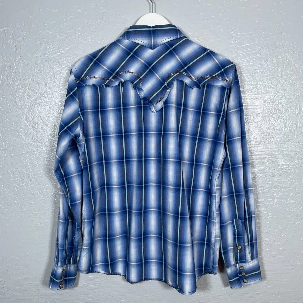 Brooks Dunn Collection Panhandle Slim Women L Blue White Plaid Pearl Snap Shirt Size L - Image 7
