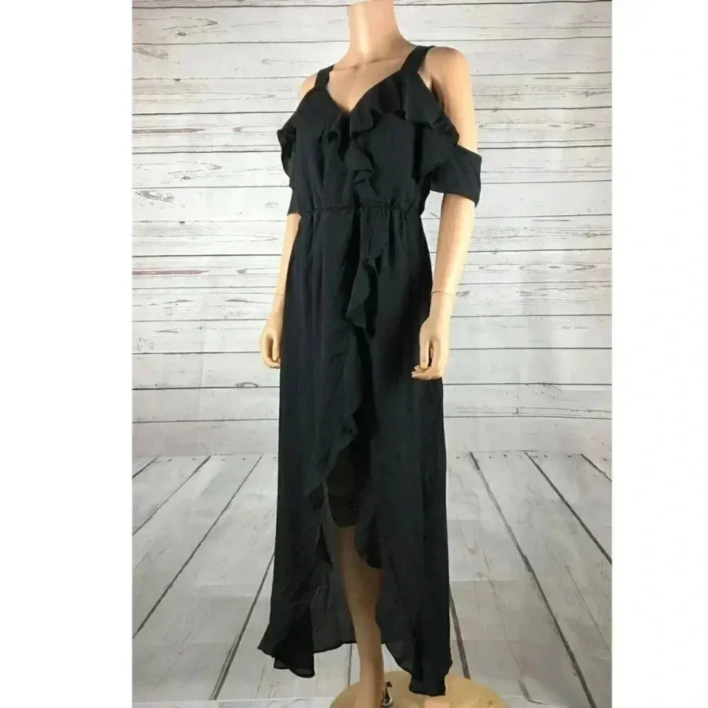 XOXO Juniors' Ruffled Cold-Shoulder High-Low Maxi Chiffon Black Dress NWT XS - Image 6