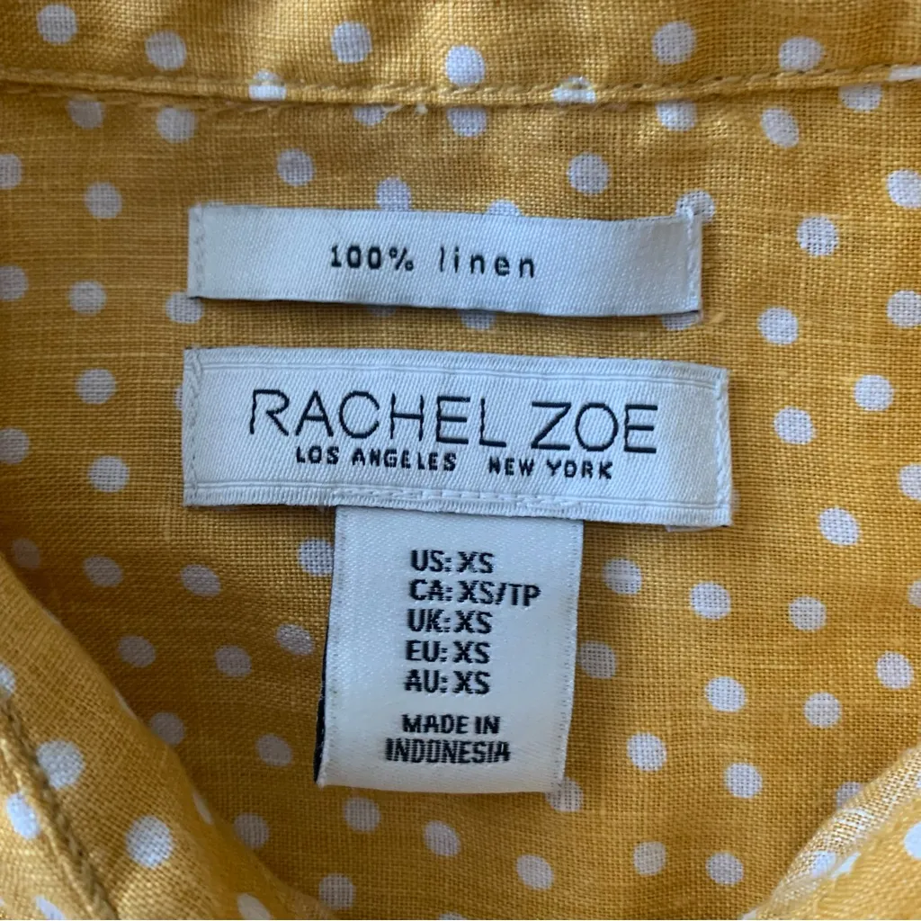 Rachel Zoe XS Linen Yellow Polka Dot Womens Top Short Cuffed Sleeve Button Shirt - Image 5