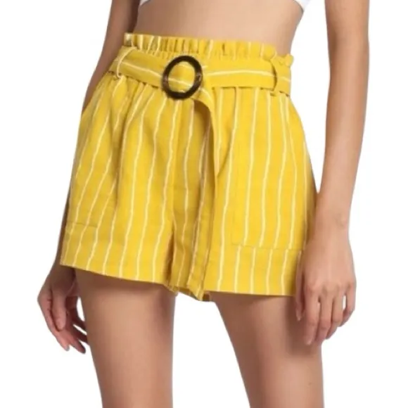 Yellow Striped High Waist Elastic Waist Belted Shorts - Image 3