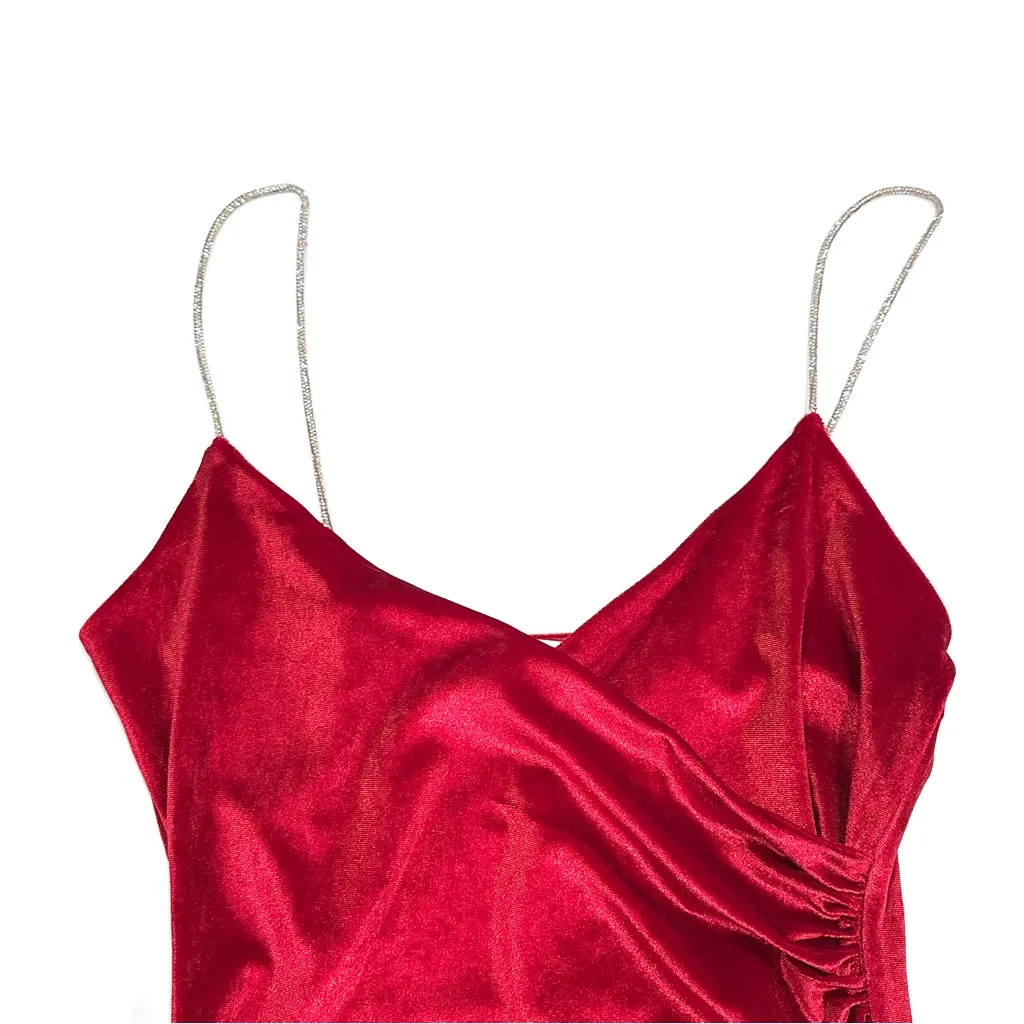 ASA Red Velvet Bedazzled Spaghetti Strap Asymmetrical Party Cocktail Dress Size M - Image 2