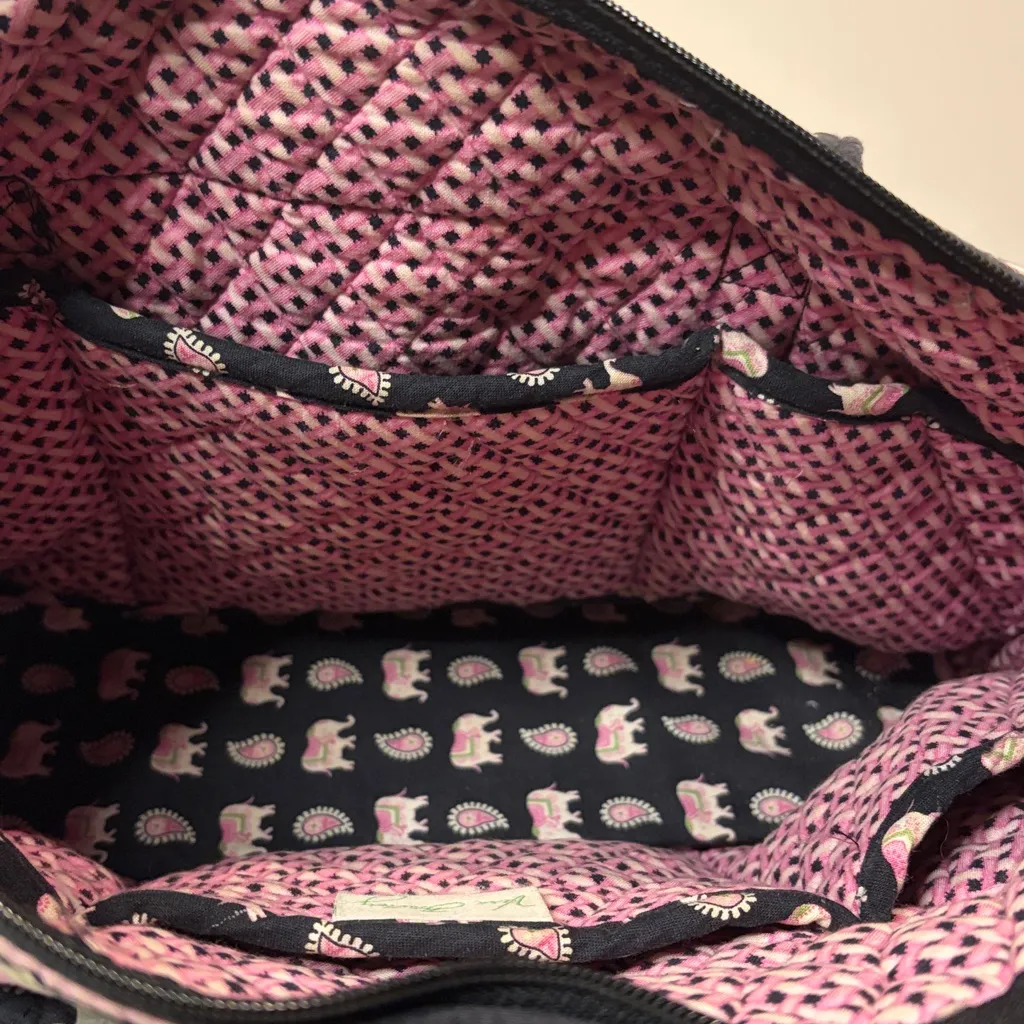 Vera Bradley- Black and Pink Elephant Print Quilted Tote Shoulder Bag Full Zip - Image 5