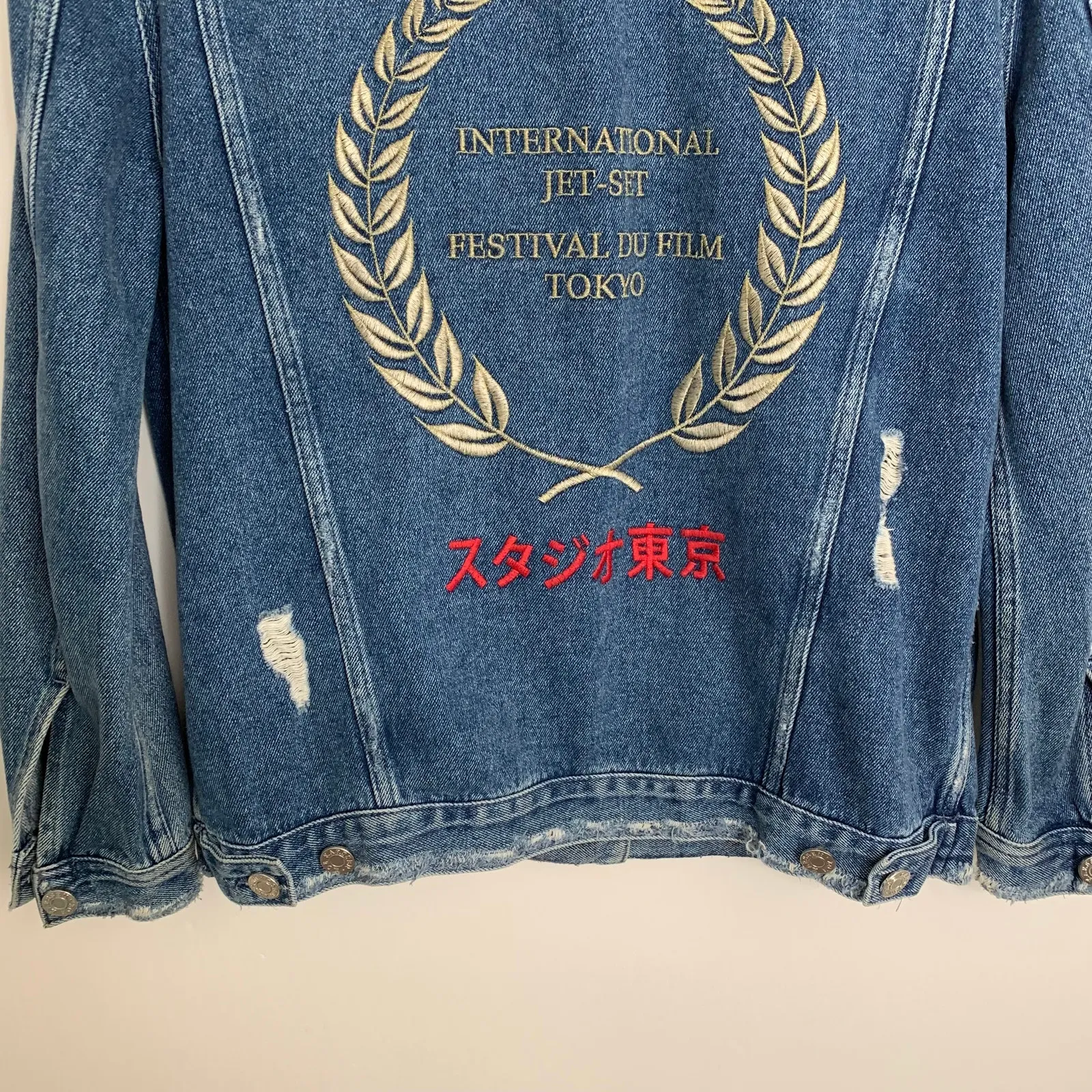 Zoe Karssen Jeans Jacket Patch Graphic Denim Womens Distress Large Blue - Image 9