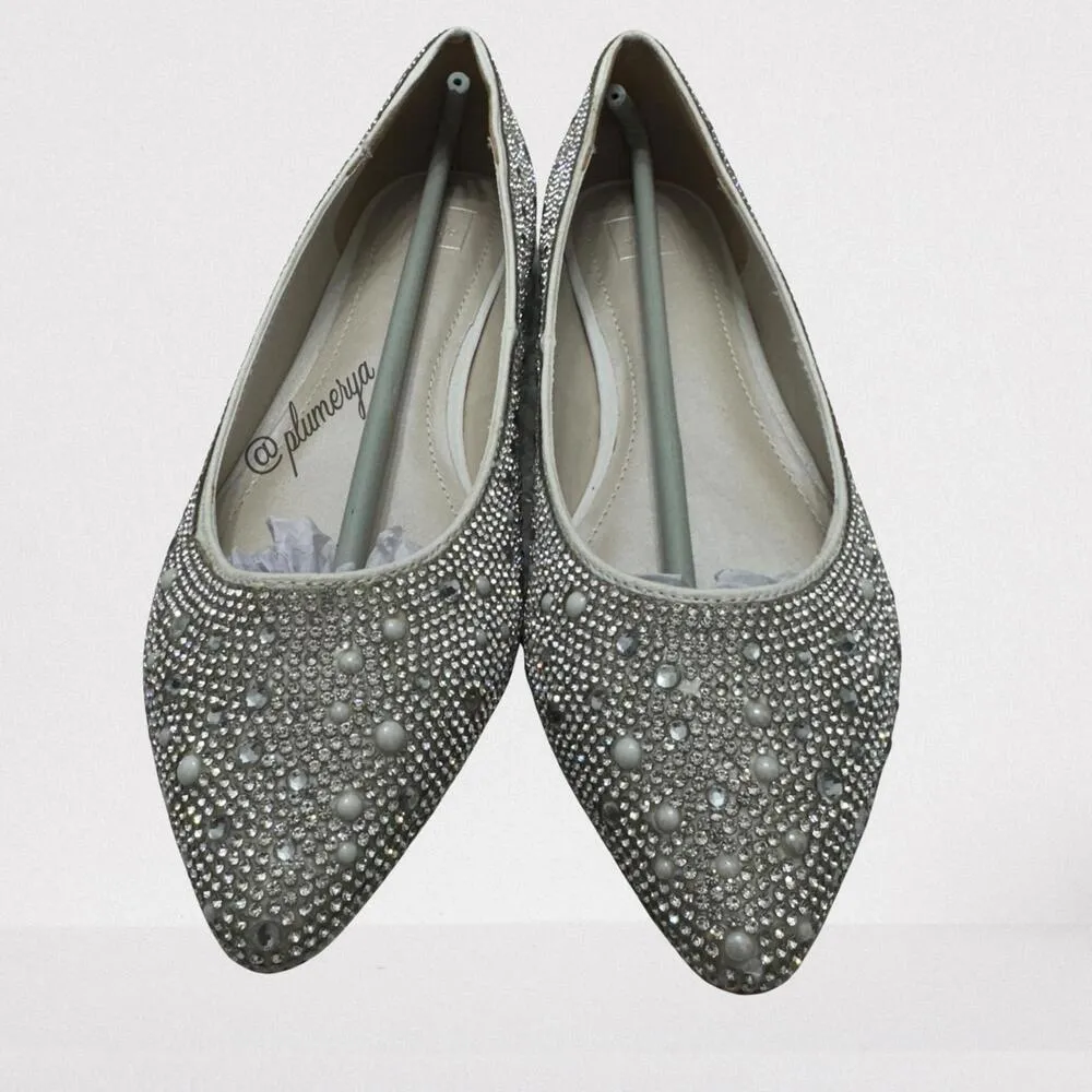DB Studio Crystal & Iridescent Stone Wedding Ballet Flats Size 7.5 Silver - Image 2