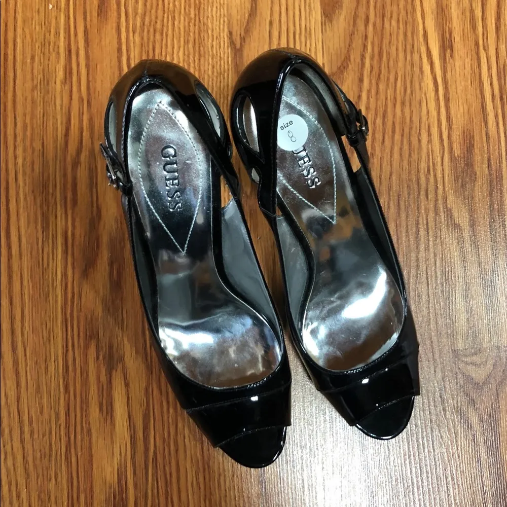 GUESS Shiny Black Peep Toe Heels S8 - Image 3