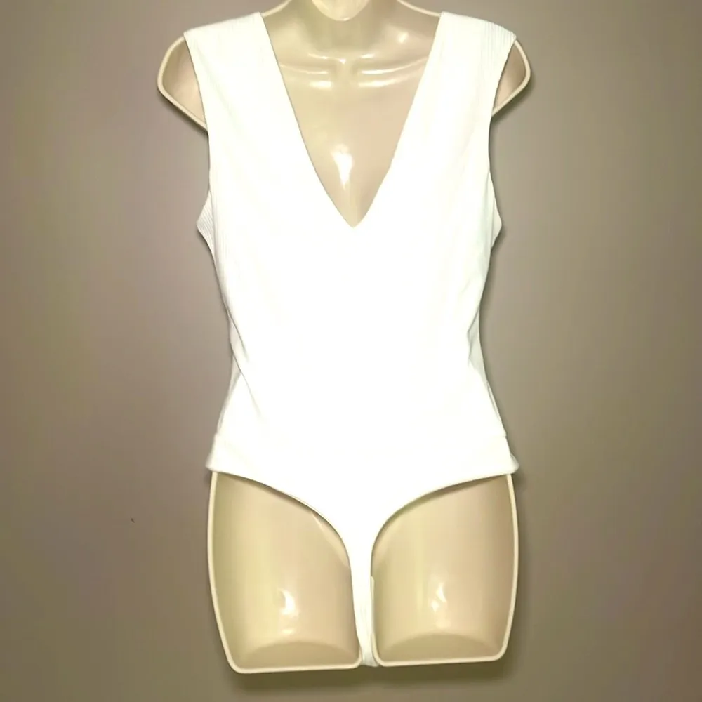 AFRM White Ribbed Thong Bodysuit Large - Image 3