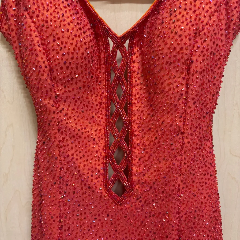 SCALA Vintage Orange Beaded Long Formal Prom Dress Backless Y2K 1990 100% Silk Red Size 6 - Image 3