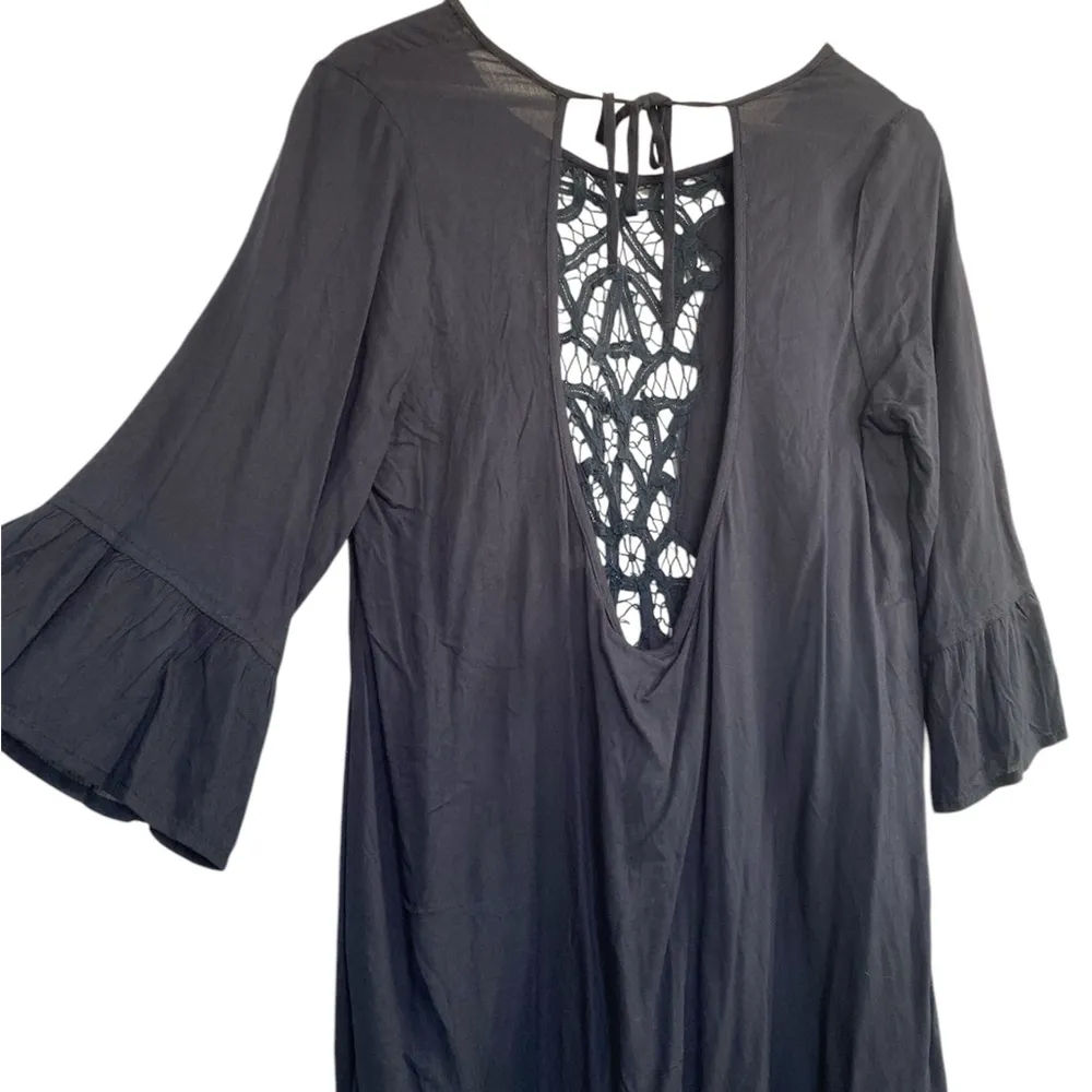 Roxy Goldy Soul Long Sleeve Black Swim Coverup with Lace Detail Open Back Boho - Image 6
