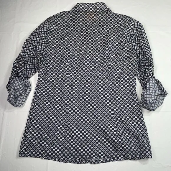 Tory Burch Blouse Top‎ Blue White Square Signature T Cotton Shirt Size 4 - Image 6