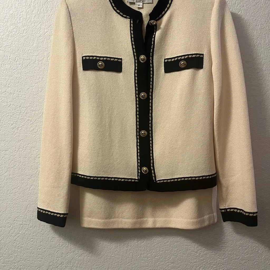 St. John Collection Knit Skirt Suit Set Cream Black Trim Size 4 NWOT - Image 2