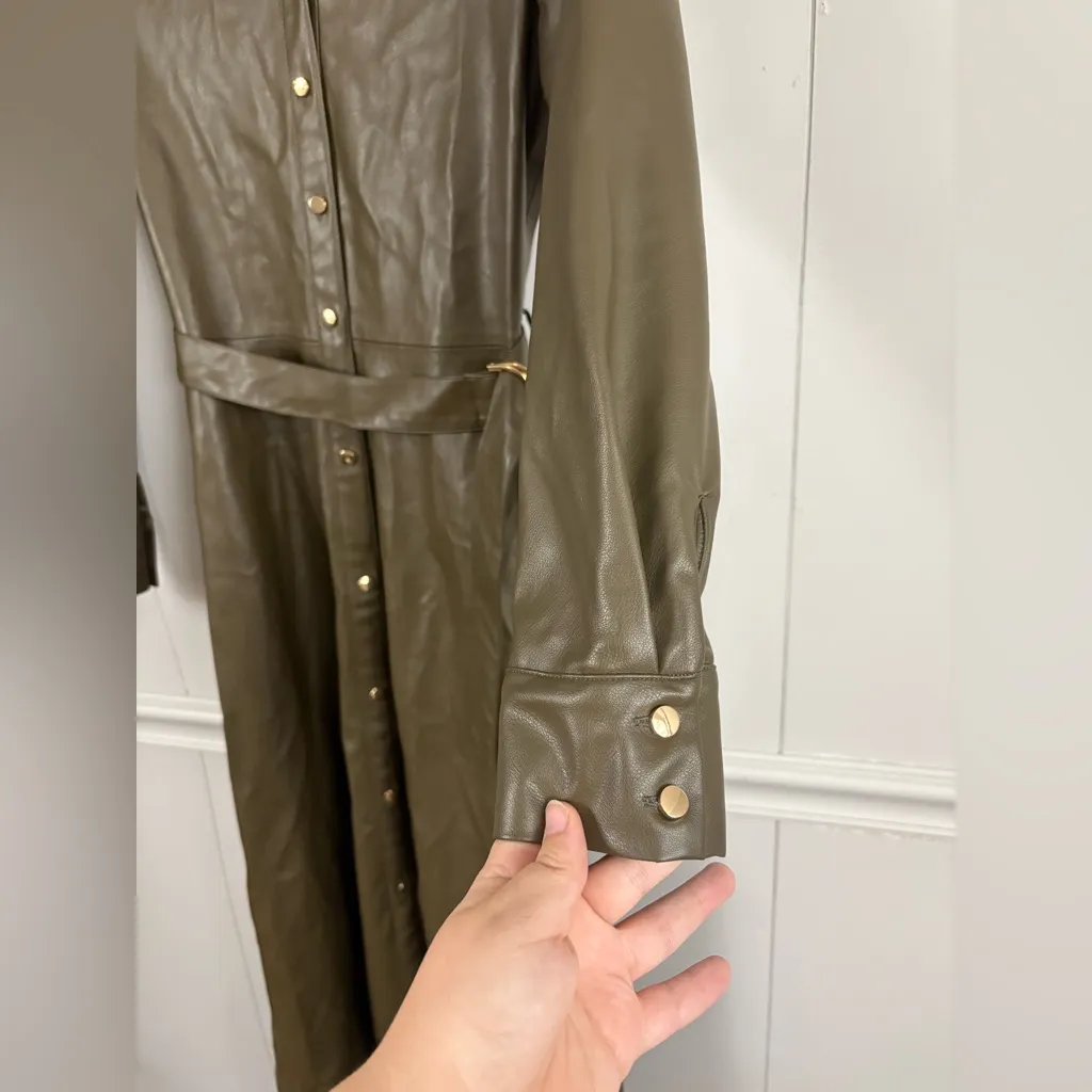 Zara Belted Faux Leather Midi Olive Green Trench Shirt Dress Size XS Utility - Image 4