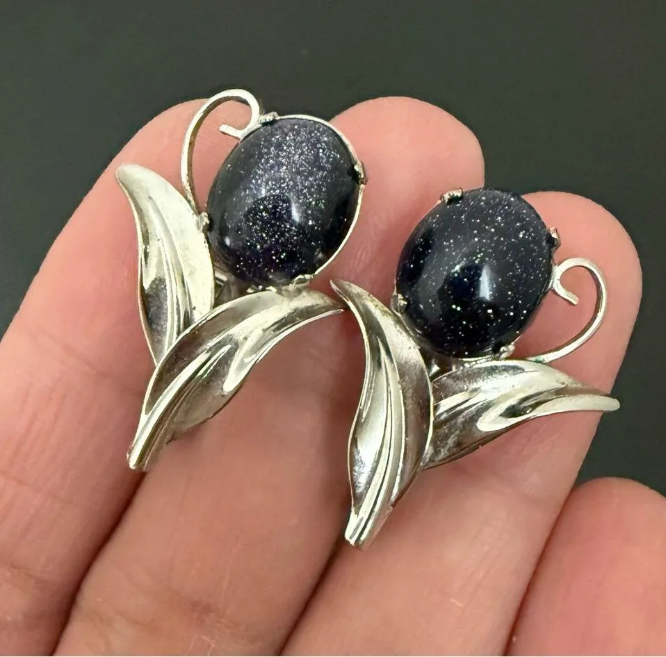 Handcrafted Unsigned Midnight Blue Goldstone Sunstone Gemstone Flower Earrings - Image 3