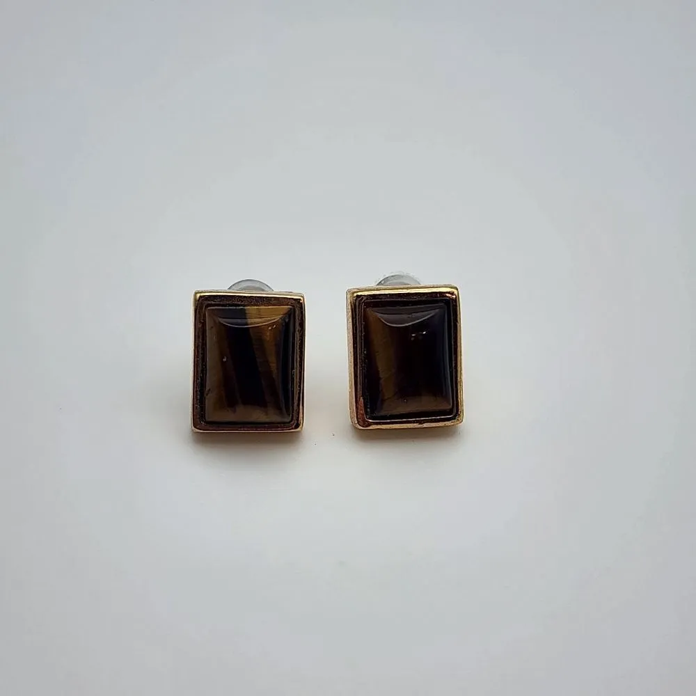 Roman Tiger's Eye Stone Stud Earrings Gold - Image 2