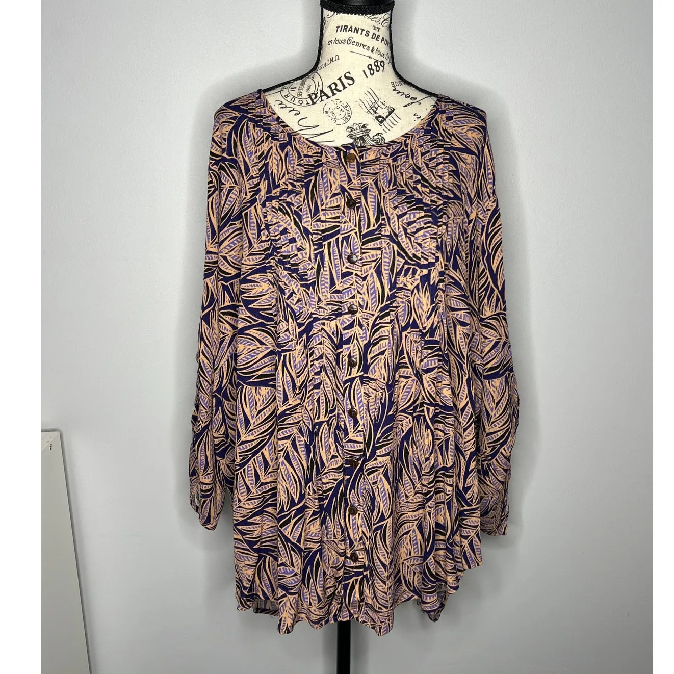 Avenue SIZE 26/28 Leaf Patterned Button Up Top Olivia Pintuck Shirt Blouse - Image 12