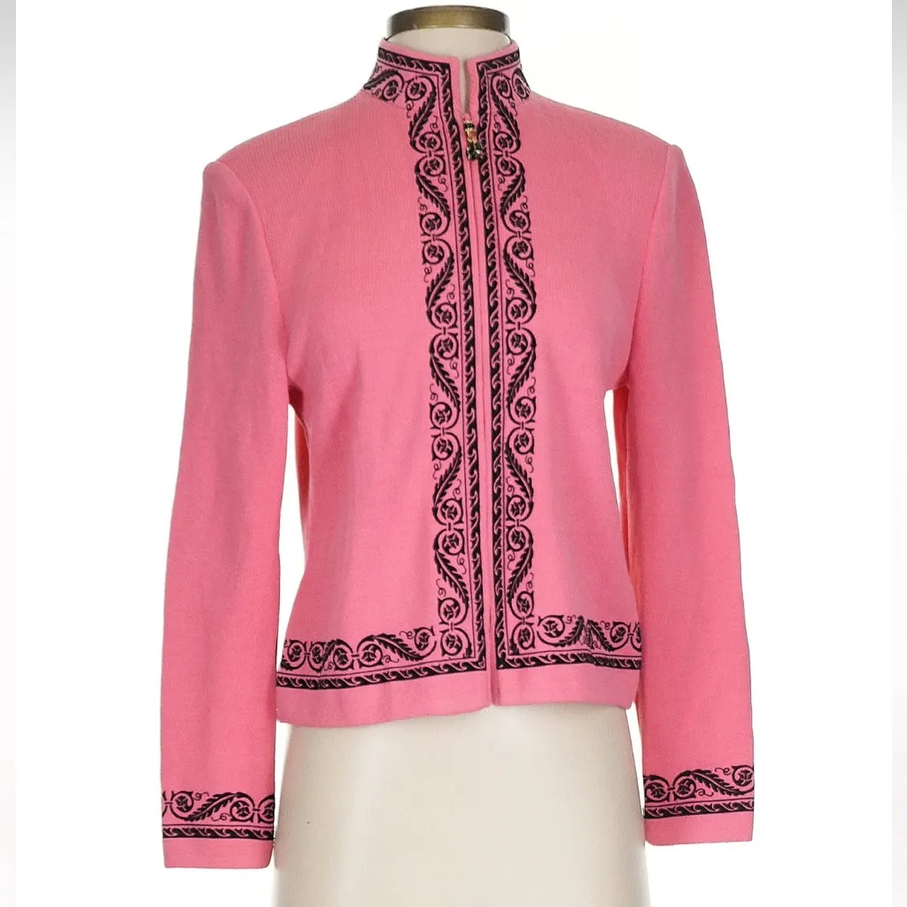 St. John Pink Black Zip Up‎ Knit Jacket Sz 2 - Image 2