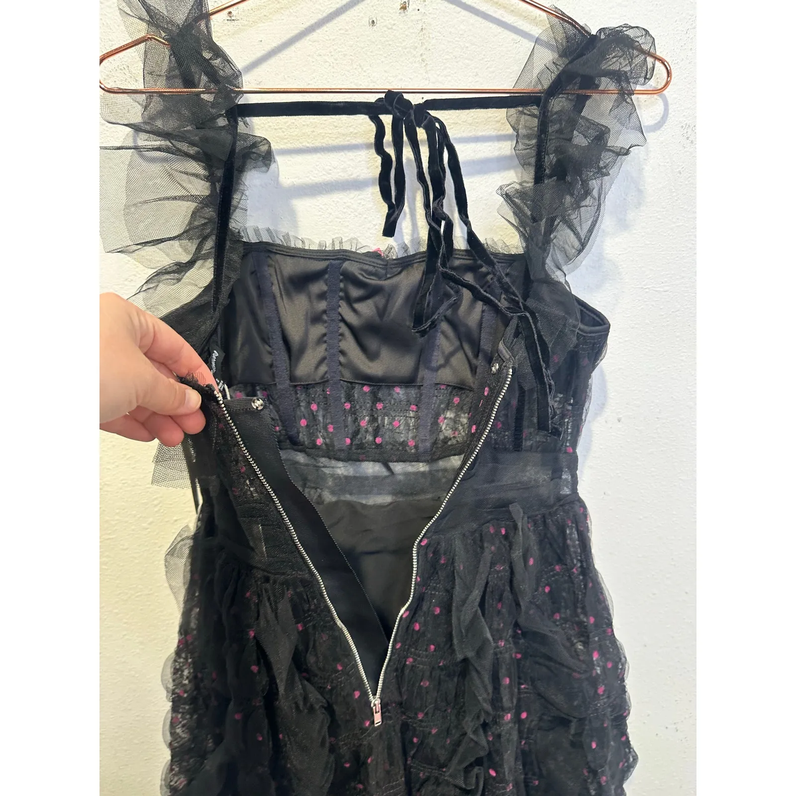 FOR LOVE AND LEMONS Black Mesh Polka Dot Janelle Ruffled Dress size Small nwt - Image 8