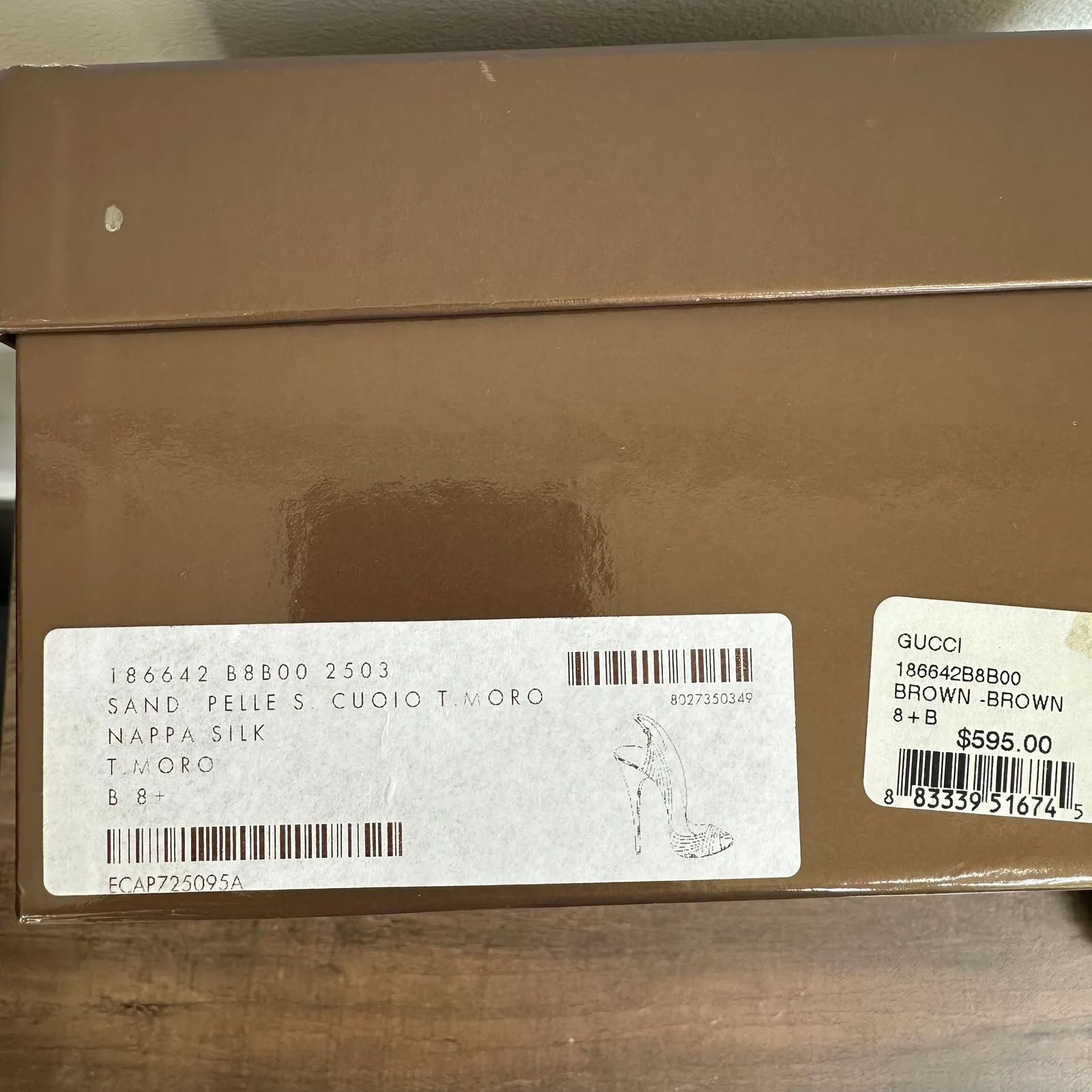 GUCCI NEW 8.5 38.5 Sand Pelle S. Cuoio Nappa Silk Brown Bronze Heel Sandals Peep - Image 9