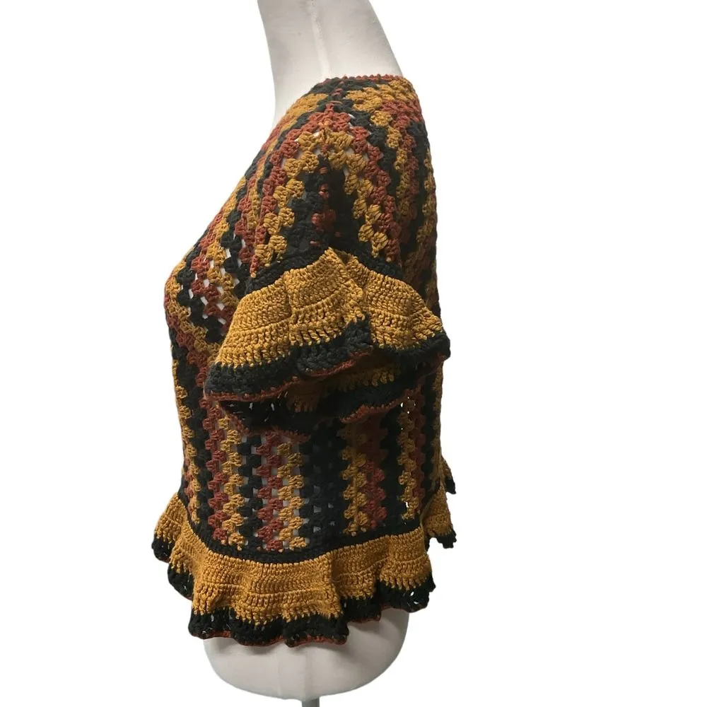 ZARA  Women's Brown Black‎ Ruffle Sleeve Crochet Boho Blouse Top Size Medium - Image 4