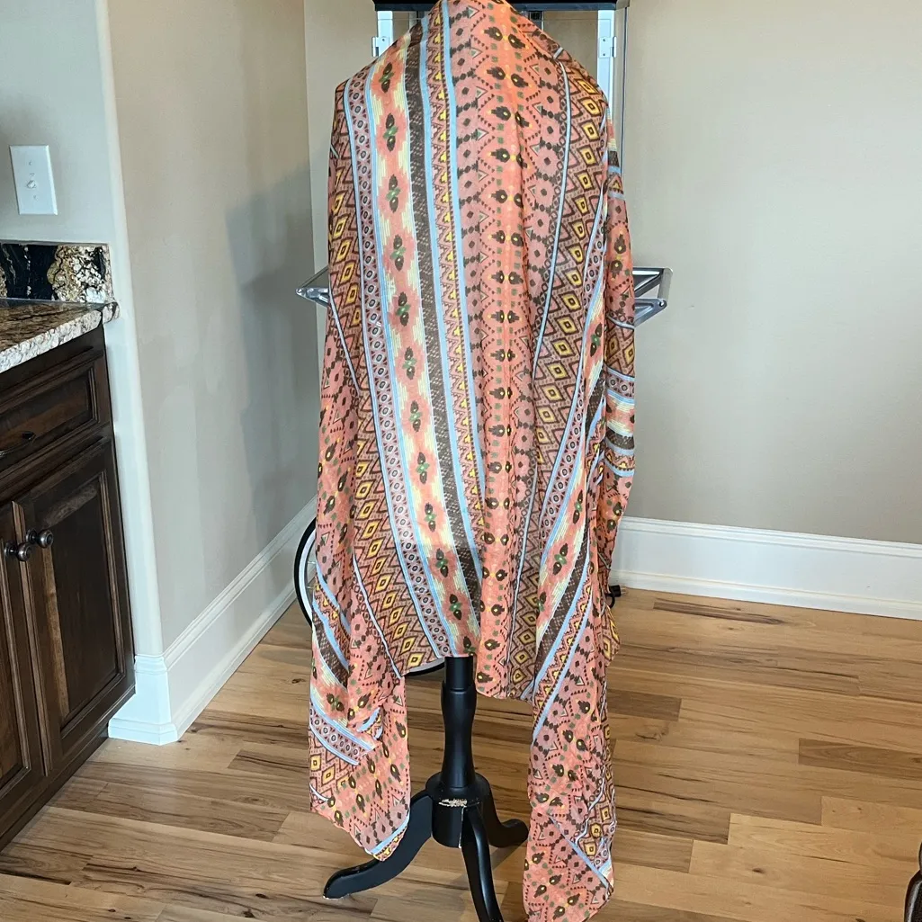 Colorful Scarf Earth Tones Aztec Lightweight Coral Brown Yellow Green Orange - Image 4