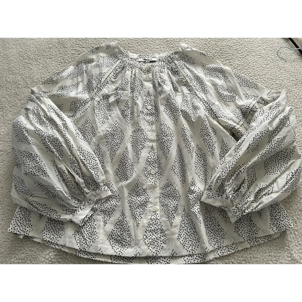 Madewell Shirred Crewneck Balloon Sleeve Button Down Top Cream w/Black Dots Sz L - Image 8