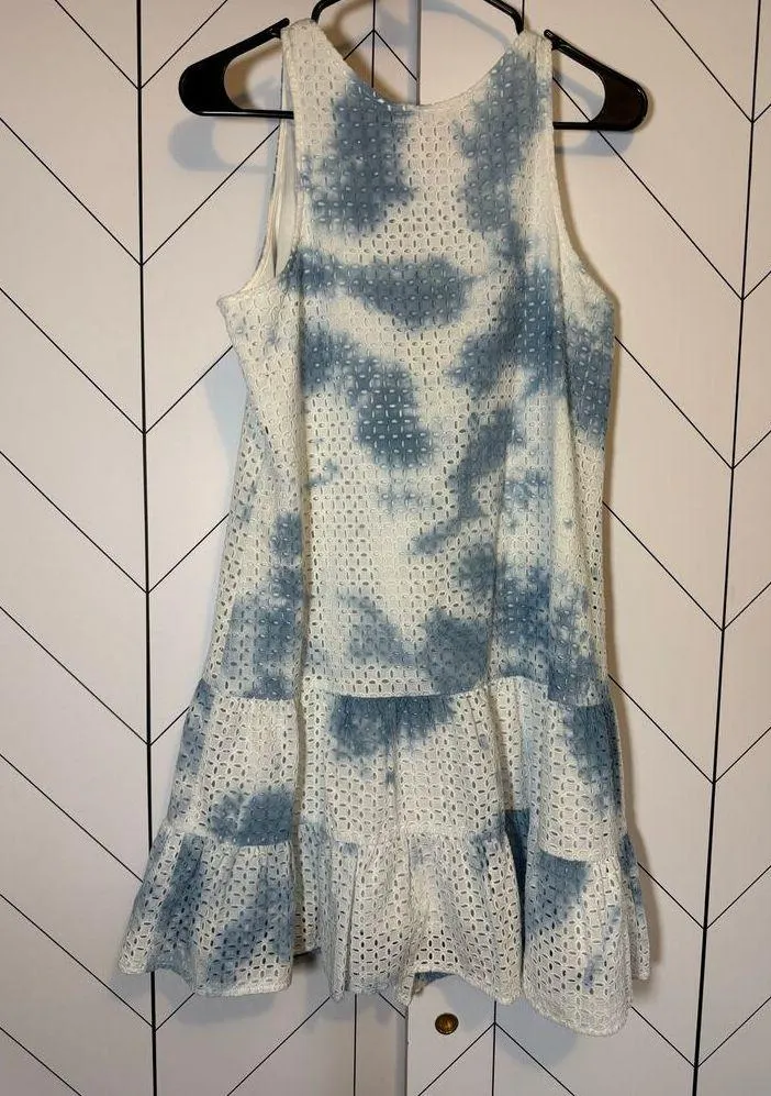 Catherine Malandrino Women’s 6 White Blue Tie Dye Cotton Eyelet Drop Waist Dress - Image 2