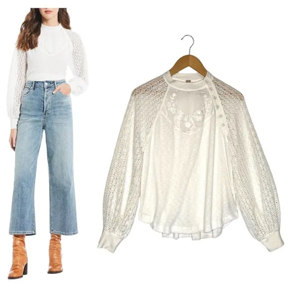 Free People Top Womens S Sweetest Thing Waffle Embroidered Boho Peasant Ivory - Image 2