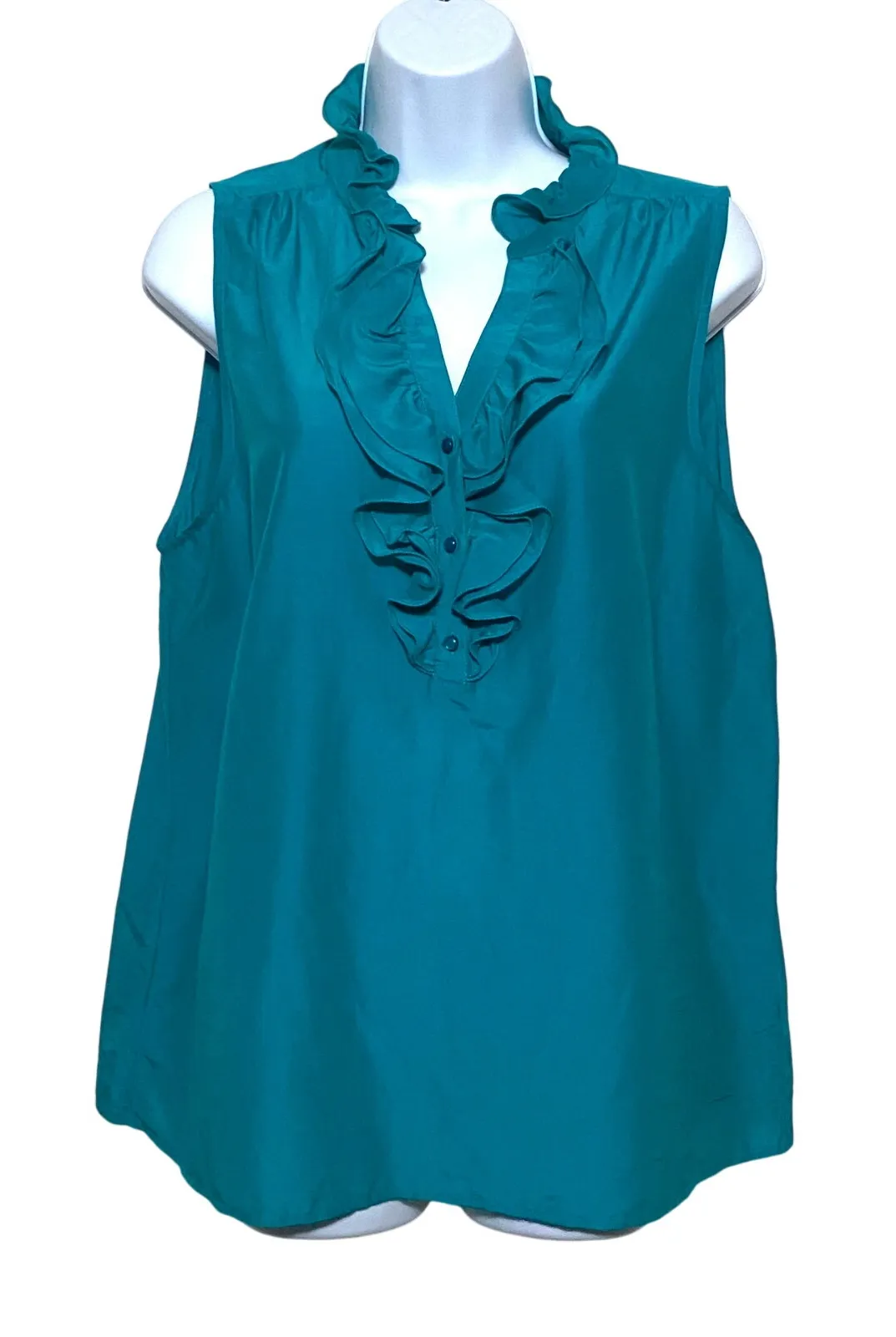 Loft Blue Sleeveless Top Blouse L Ruffles Cotton Silk Classic Chic Career Office - Image 1