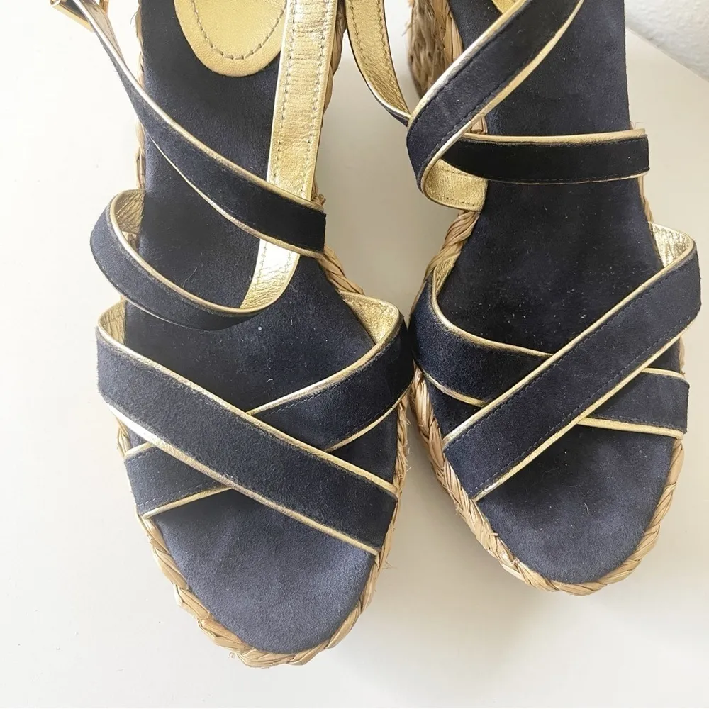 Lauren Ralph‎ Lauren Wedge Sandals Sz 8 Womens Navy Gold Buckle Luxury Travel - Image 7
