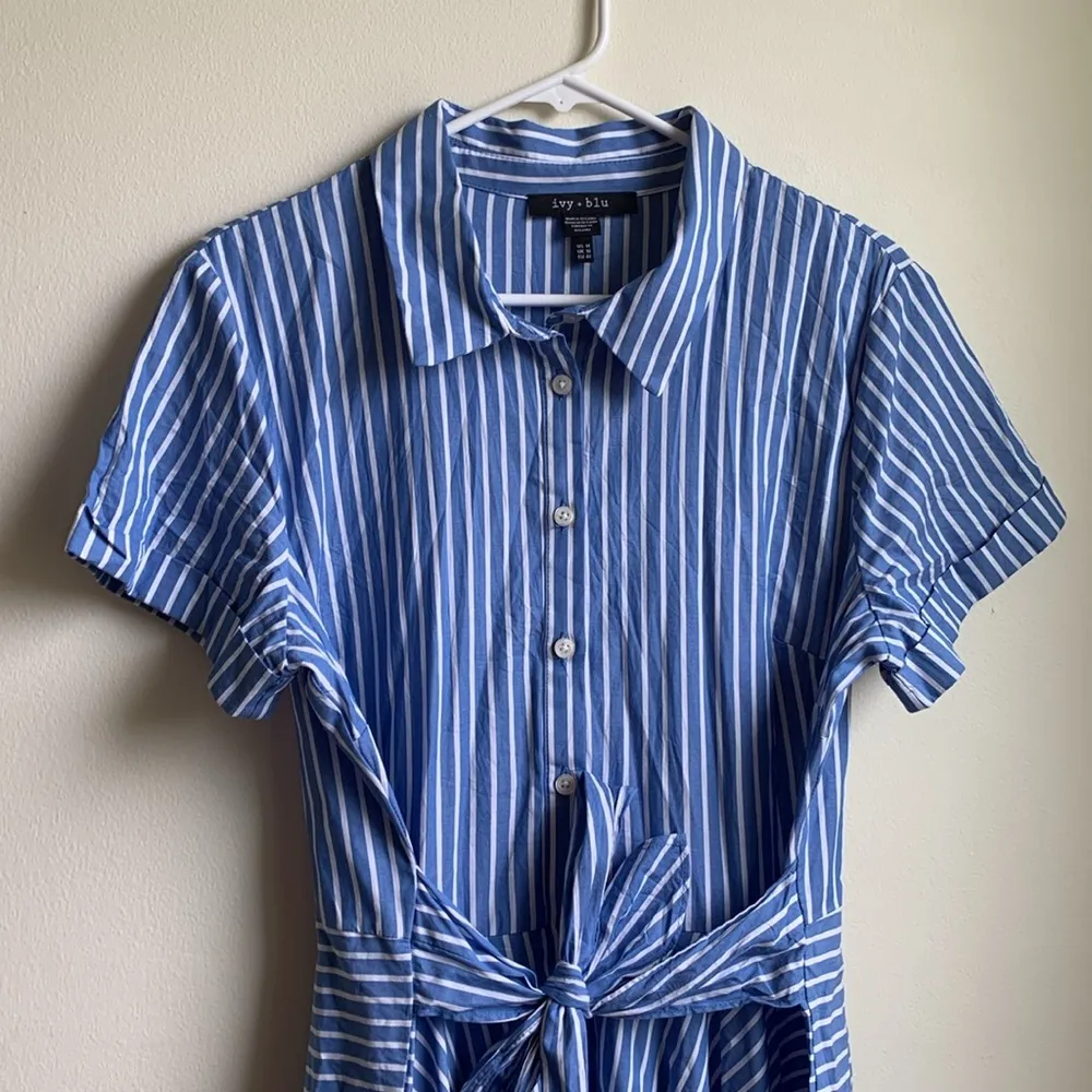 Ivy & Blue Striped Button Front Collared Shirt Dress (Sz 14) Blue & White Cotton - Image 2