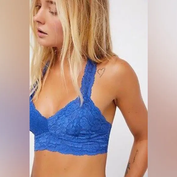 FREE PEOPLE Intimately Galloon Lace Racerback Bralette Royal Cobalt Blue Size L - Image 2