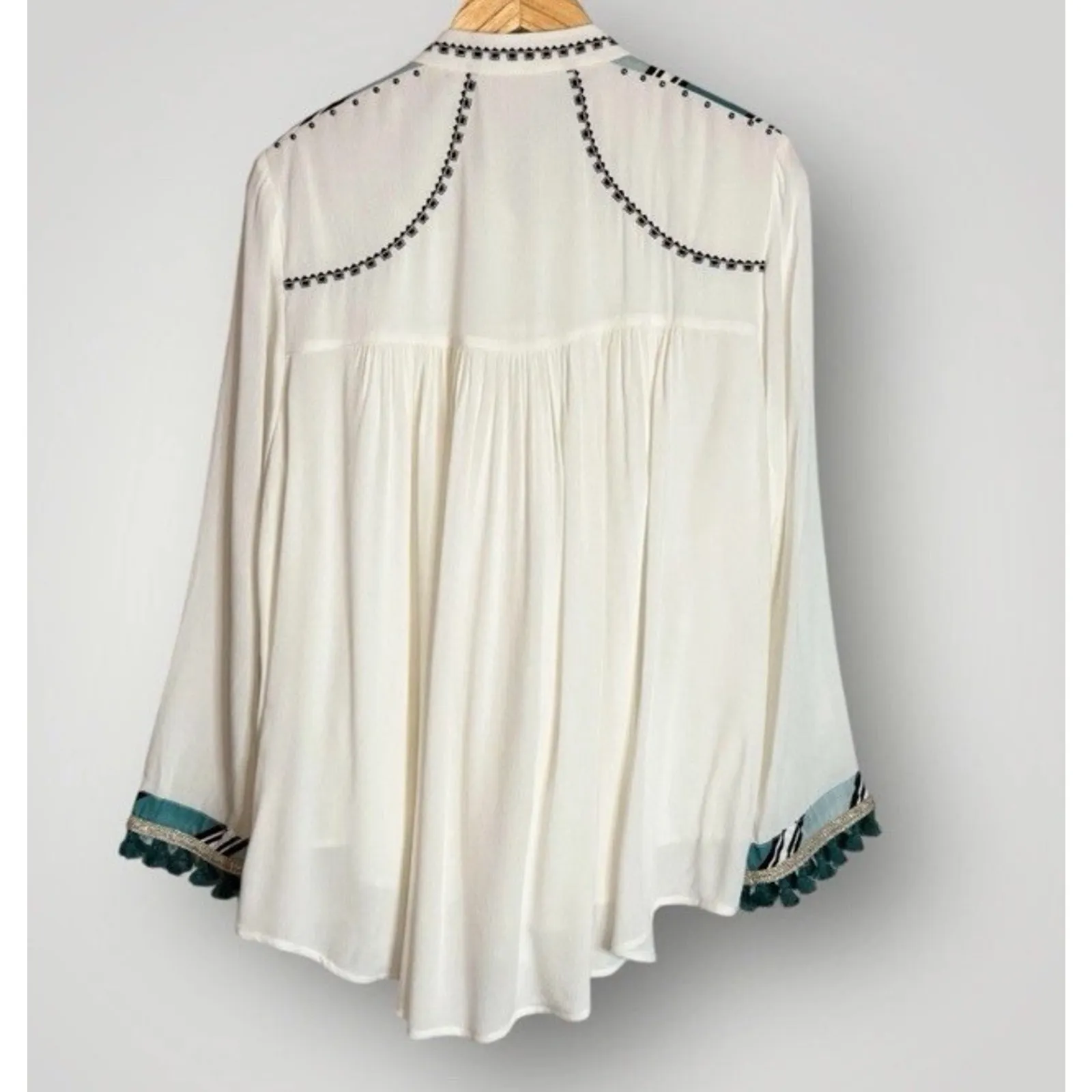 Chico’s Tassel Tie Jacket Womens Size 1 Beaded Embroidered Long Sleeves - Image 3