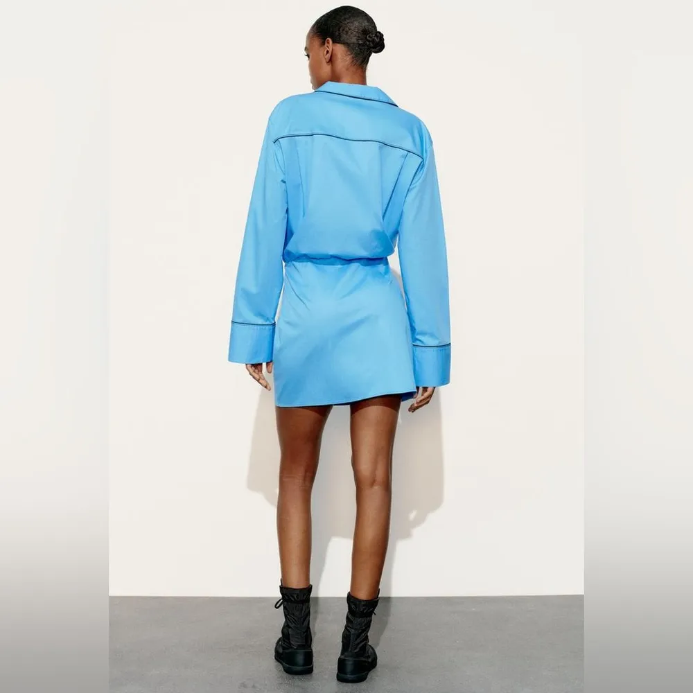 Zara SHORT TRENCH MINI DRESS V-Neck Long Sleeve Button Down Blue Size XS NEW - Image 8