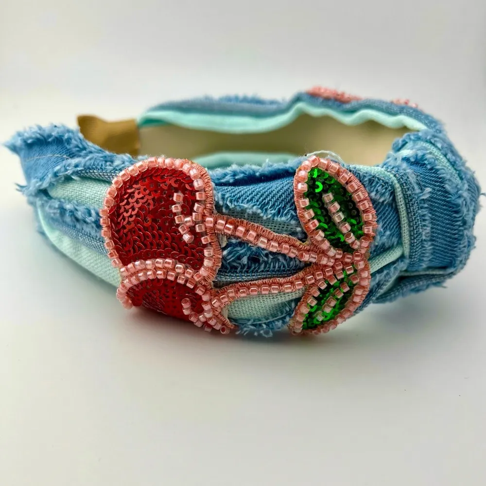 Embellished Denim Headband with Cherry Design NEW Blue - Image 2