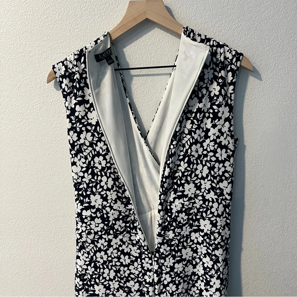 LAUREN Ralph Lauren Navy White Floral Stretch Jersey Knit V Neck Faux Wrap Dress - Image 10