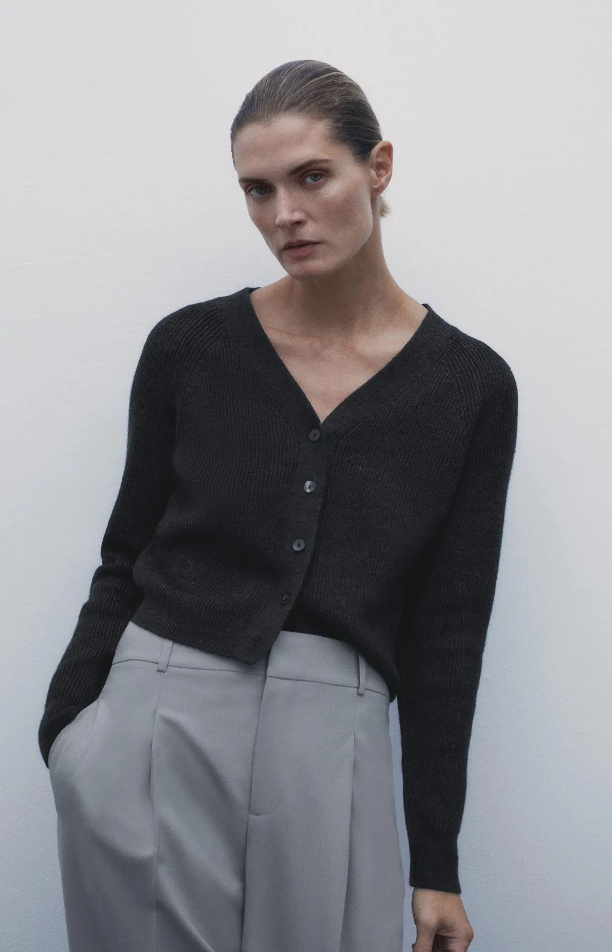 Dark Gray Merino Wool Blend Jacket Cardigan Top - Image 3