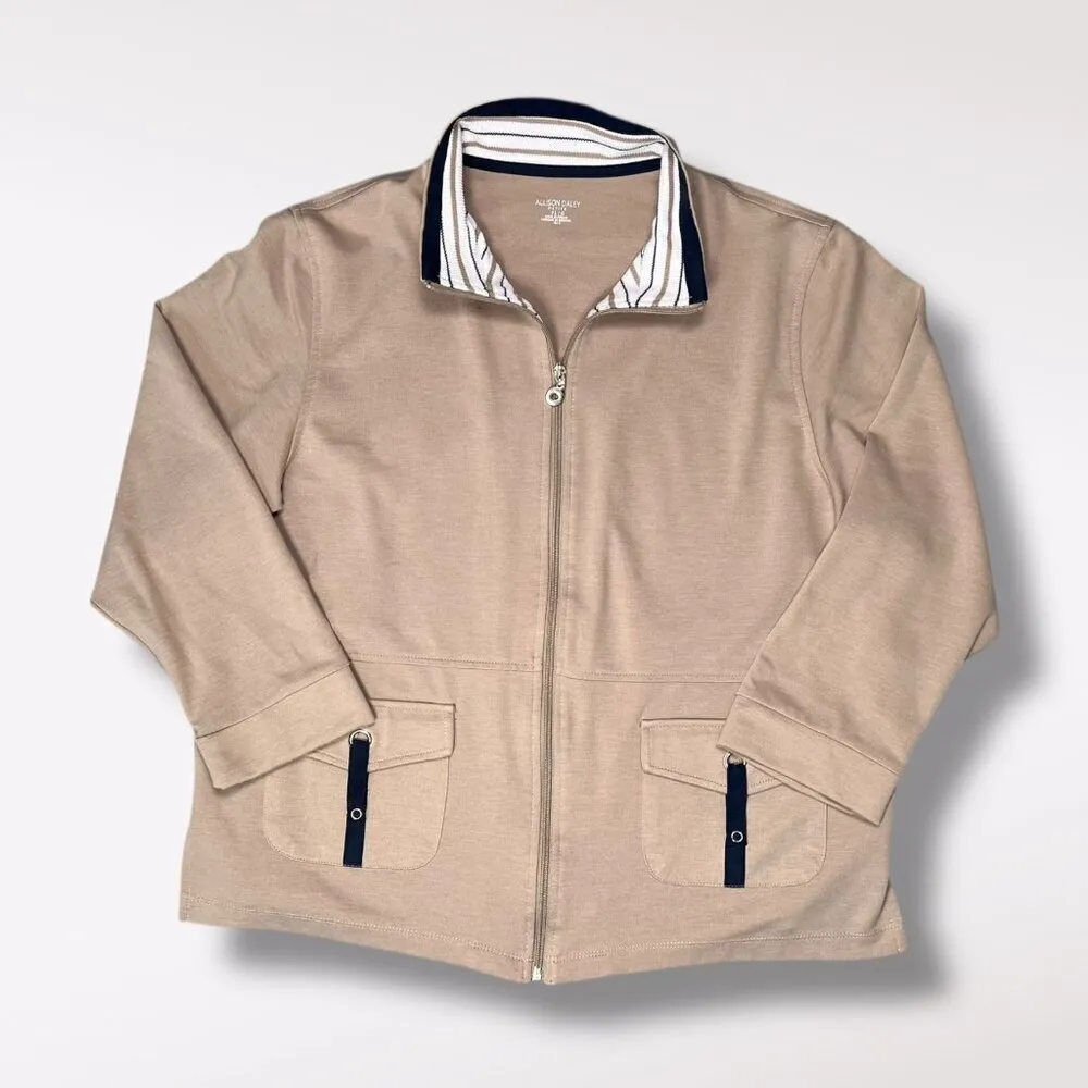 Allison Daley Lightweight Full Zip Jacket Tan Navy Trim Petite Large - Image 9
