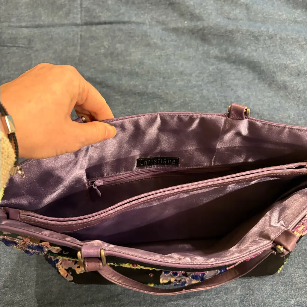 Christiana Lapetina vintage beaded lilac silk bag satchel tote black purple - Image 8