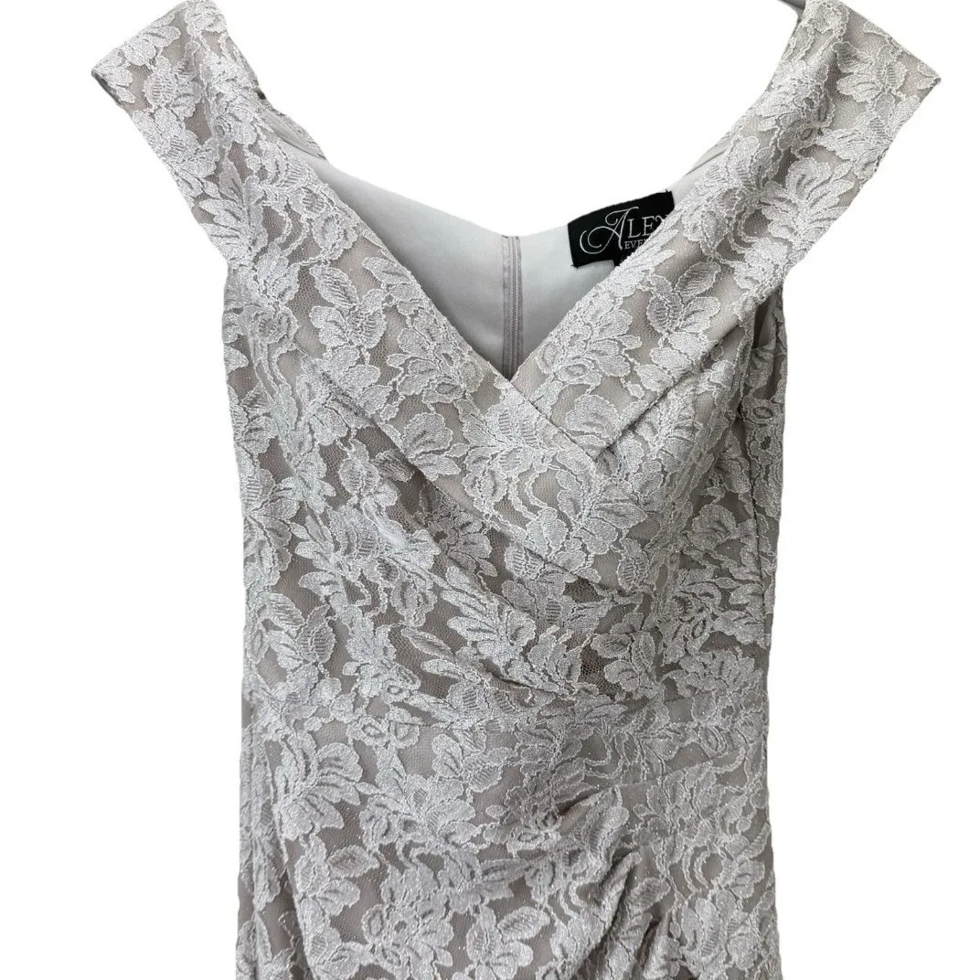 Alex Evenings Ivory Beige‎ Glitter Lace Off Shoulder Formal Maxi Dress Size 10 - Image 5